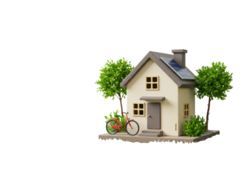 Isolated compact home with solar panel and bicycle illustration, eco friendly living