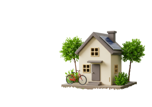Isolated compact home with solar panel and bicycle illustration, eco friendly living