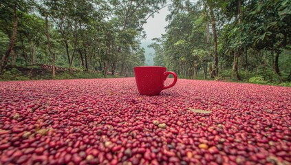 Red mug on a road of coffee beans. Lush forest backdrop