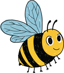 Cute cartoon bee with black and yellow stripes and blue wings smiling happily isolated on transparent background