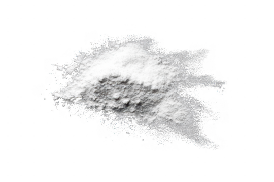 A pile of white powder isolated on transparent background, with a dynamic splash effect suggesting movement and dispersion