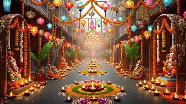 Vibrant ganesh chaturthi celebration eco friendly ganpati bappa morya festivities with glowing diyas lanterns and floral garlands
