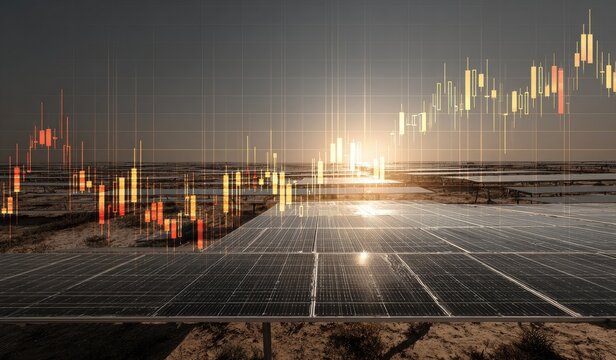 Solar panel field overlaid with financial charts at sunrise