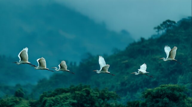 Flock of white birds flying over green forest