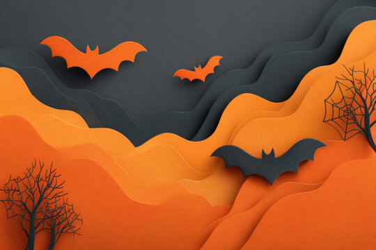 Abstract black and orange halloween background with spider webs and bat silhouettes