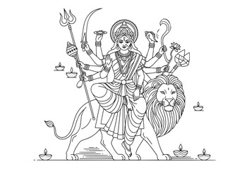 Fototapeta premium Hindu Goddess Durga Maa line art illustration with lion and traditional elements. 