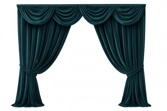 Teal curtains hanging softly, elegantly framing transparent background with decorative tie-back, perfect for minimalist design presentations