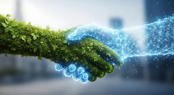 Green handshake with digital blue energy handshake, symbolizing ecofriendly technology and partnership