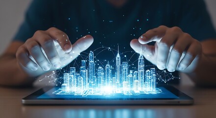 Persons hands interacting with a futuristic holographic cityscape projected from a tablet, symbolizing smart cities