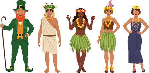 Five diverse people in colorful costumes including a leprechaun greek god hawaiian hula dancer and two women in festive attire isolated on transparent background
