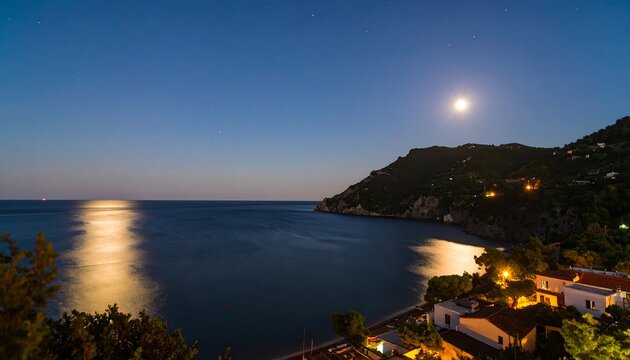 Moonlit coastal scene; calm sea reflecting light, hillside village, dark sky - Powered by Adobe