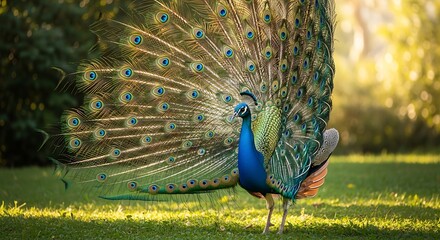 Obraz premium Majestic Peacock Displaying Feathers.