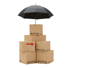 Isolated shipping boxes under protective umbrella, delivery security, cargo insurance, package