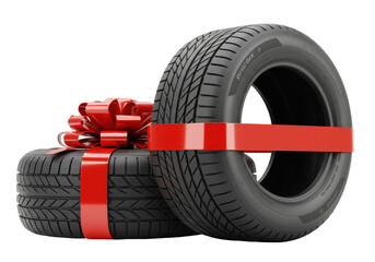 Isolated gift of two car tires wrapped with red ribbon, perfect for automotive promotion, season deals
