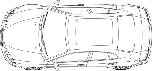 Top view schematic line drawing of a modern convertible car with the roof down showcasing its sleek design and automotive engineering isolated on transparent background