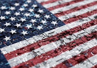 Closeup of the american flag with a digital circuit board texture