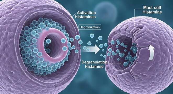 Mast Cell Degranulation and Histamine Release Illustration.