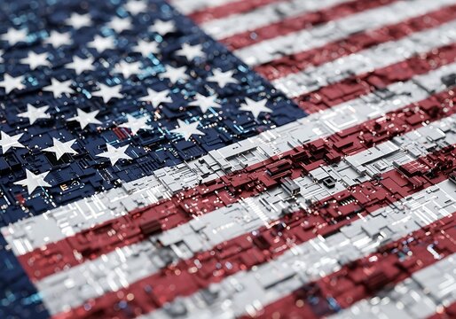 Closeup of the american flag with a digital circuit board texture