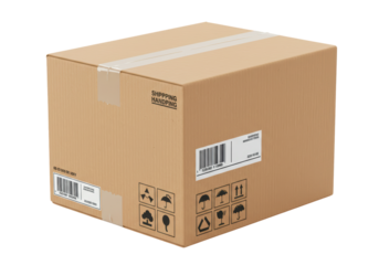 Isolated corrugated cardboard box sealed with tape and shipping labels for postal delivery