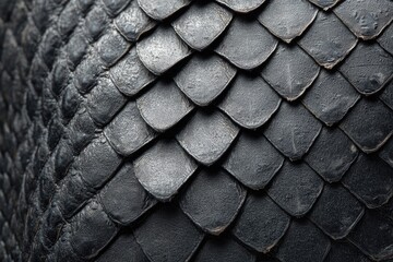 Close-up view of dark gray, scale-like armor