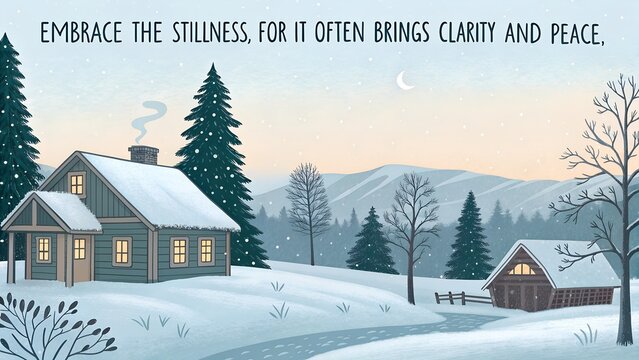 Serene Winter Landscape with Cozy Cabin and Inspirational Quote.
