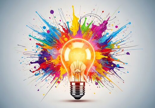 Glowing light bulb with vibrant colorful paint explosion, symbolizing a brilliant idea