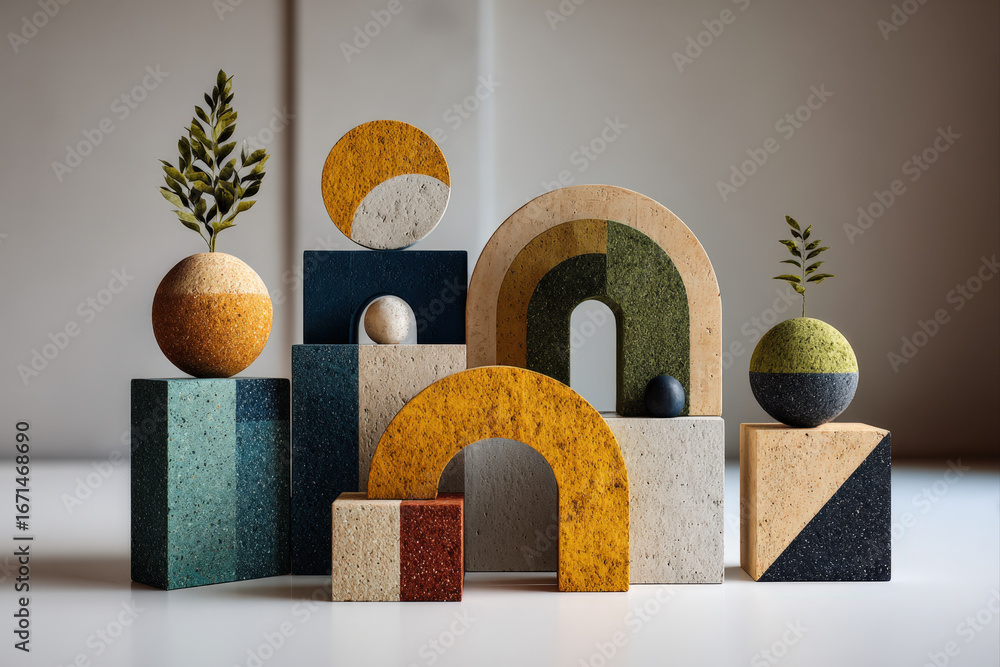 Poster floating abstract geometric plaster and acrylic objects on white minimal surface