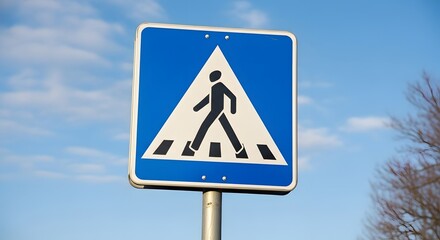 Pedestrian crossing sign against a bright blue sky.