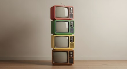 A stack of four vintage televisions, each a different color, piled vertically against a plain wall.