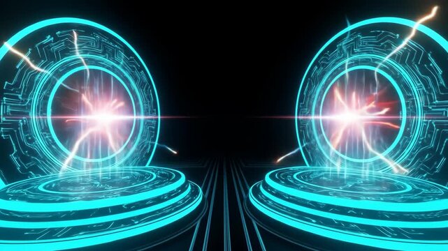 Two futuristic glowing blue portals with electrical energy discharges in a dark environment.
