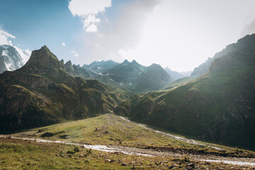 Adyrsu Gorge. Mount Ullu-Tau. Beautiful view of the raging mountain river. Nature and travel. Russia, Caucasus, Kabardino-Balkaria