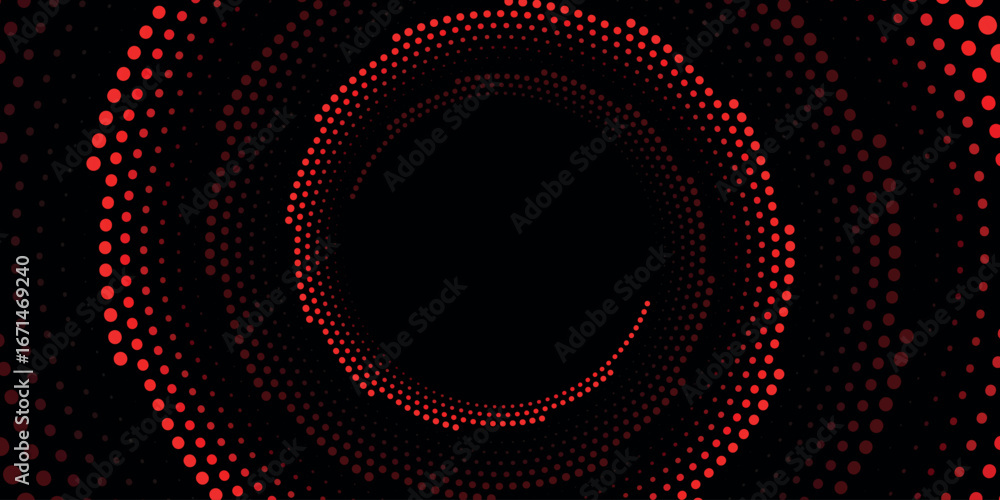 Poster dark red techno abstract background with swirling dotted line effect decoration. circle dots style c