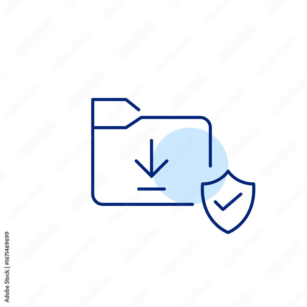 Poster file folder, download symbol with shield and checkmark. verified download security, trusted file tra