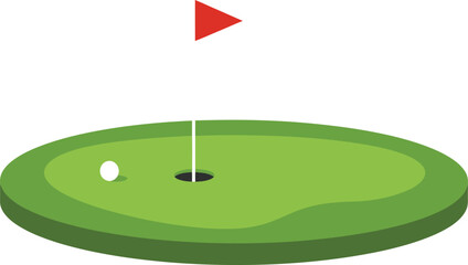 A vibrant green golf putting green with a red flag on a white pole marking the hole on a clear sunny day isolated on transparent background