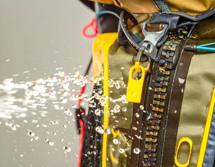 Close-up of a waterproof zipper on outdoor gear with water splashing away from it, demonstrating its protective qualities.