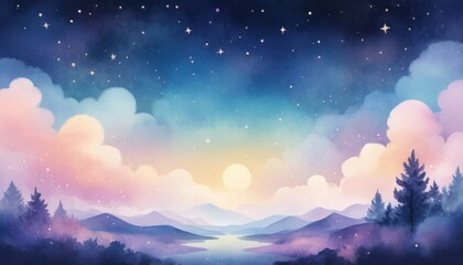 Naklejka premium Dreamy Night Sky with Stars and Pastel Clouds Over Serene Mountain Landscape at Dusk