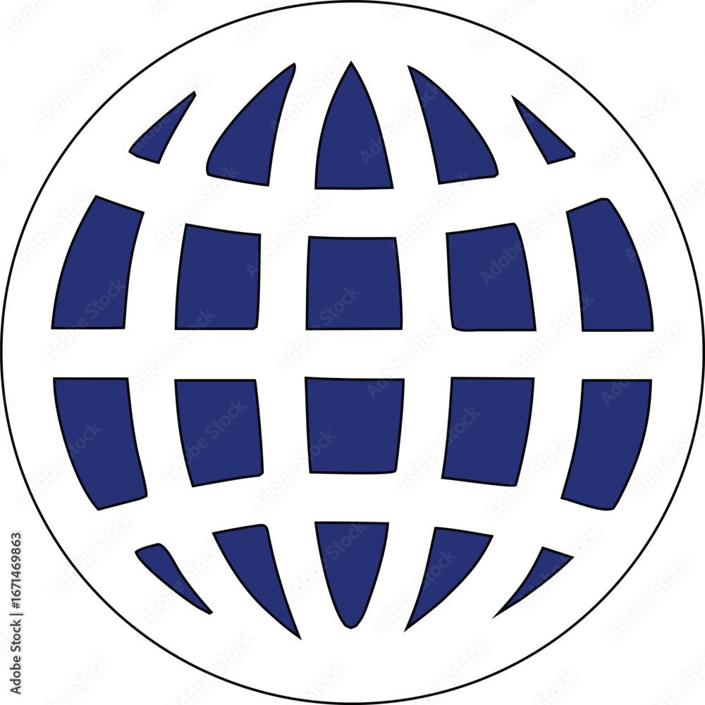 Poster global network technology symbol featuring blue grid lines encased in a white circle representing co