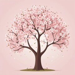 Fototapeta premium Beautiful Cherry Blossom Tree in Full Bloom with Falling Petals on a Soft Pink Background