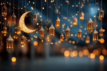 Ramadan lanterns and crescent moons arranged in a glowing circular pattern