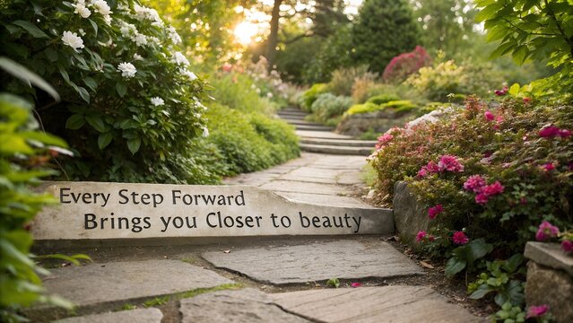 Stone path winding through a lush garden with colorful flowers and a motivational quote on a bench.