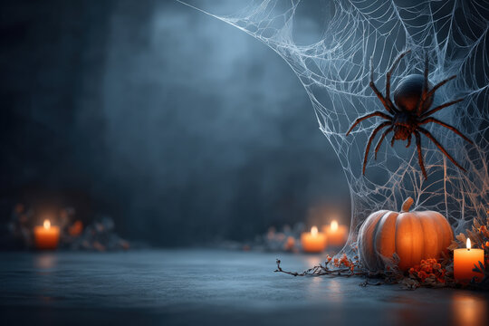 Glowing spider web with large spider illuminated by orange candlelight in dark corner - Powered by Adobe