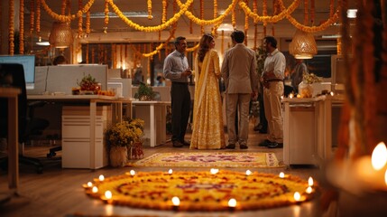 Office adorned with rangoli and festive garlands for Diwali celebration