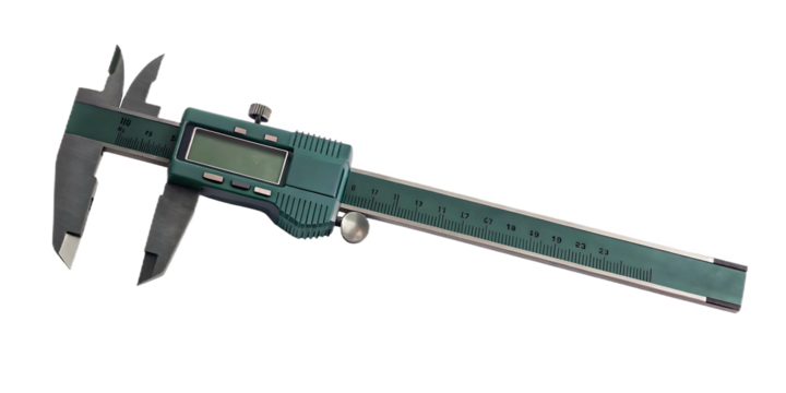 Green digital caliper measuring tool isolated on a transparent background precision
