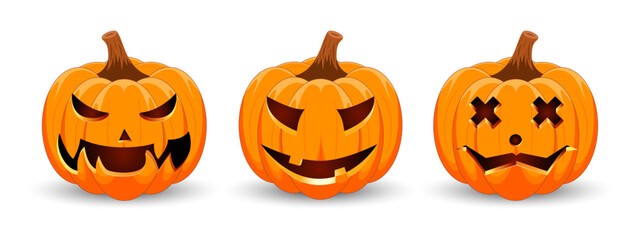 Set carved Halloween pumpkins with different scary faces isolated on white background. The main symbol of the Happy Halloween holiday. Vector illustration.
