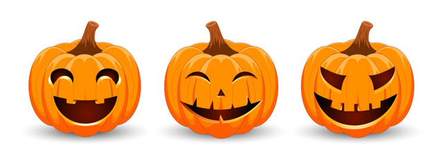 Set carved Halloween pumpkins with different scary faces isolated on white background. The main symbol of the Happy Halloween holiday. Vector illustration.