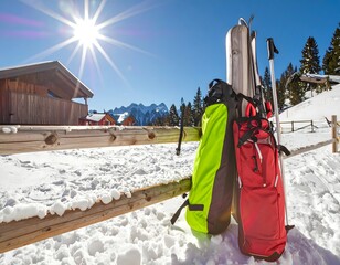 Two colorful backpacks and ski poles resting on a wooden fence in a sunny, snowy mountain landscape with a cabin in the background.