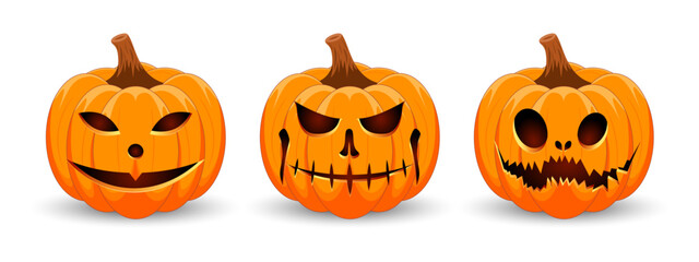 Set carved Halloween pumpkins with different scary faces isolated on white background. The main symbol of the Happy Halloween holiday. Vector illustration.