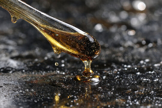 Molten gold droplet stretching into a thin filament with reflections on black surface