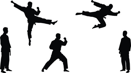 Dynamic silhouette collection of five martial arts fighters demonstrating various combat poses and kicks isolated on transparent background