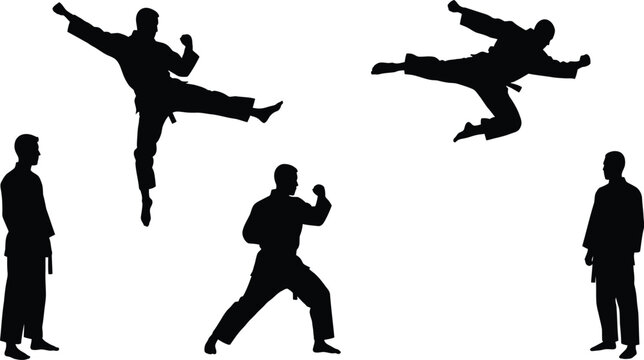 Dynamic silhouette collection of five martial arts fighters demonstrating various combat poses and kicks isolated on transparent background